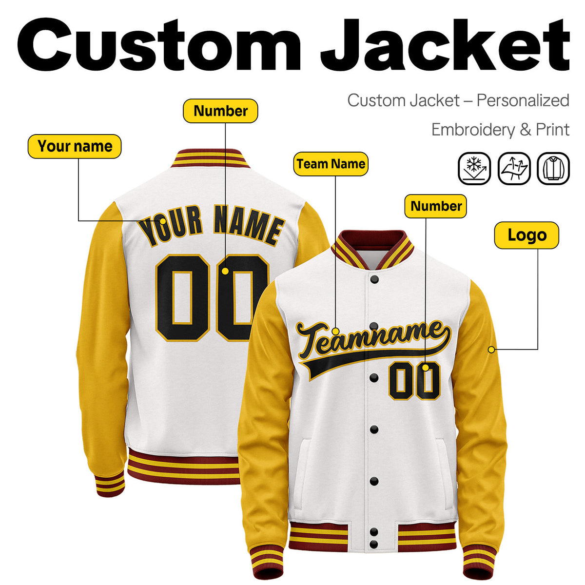 Custom White & Gold Two-Tone Varsity Jacket | Personalized Baseball Bomber with Name, Number & Logo