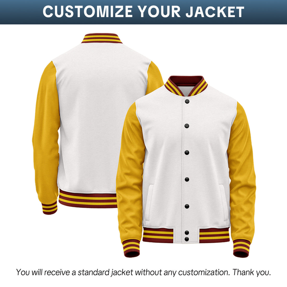 Custom White & Gold Two-Tone Varsity Jacket | Personalized Baseball Bomber with Name, Number & Logo