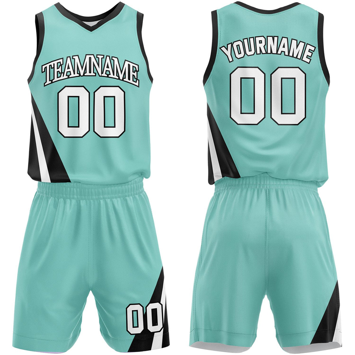 Wholesale basketball uniforms mint‑black by Vosoli, personalized team name, number & logo, breathable mesh fabric for wholesale team orders and match‑ready basketball outfits