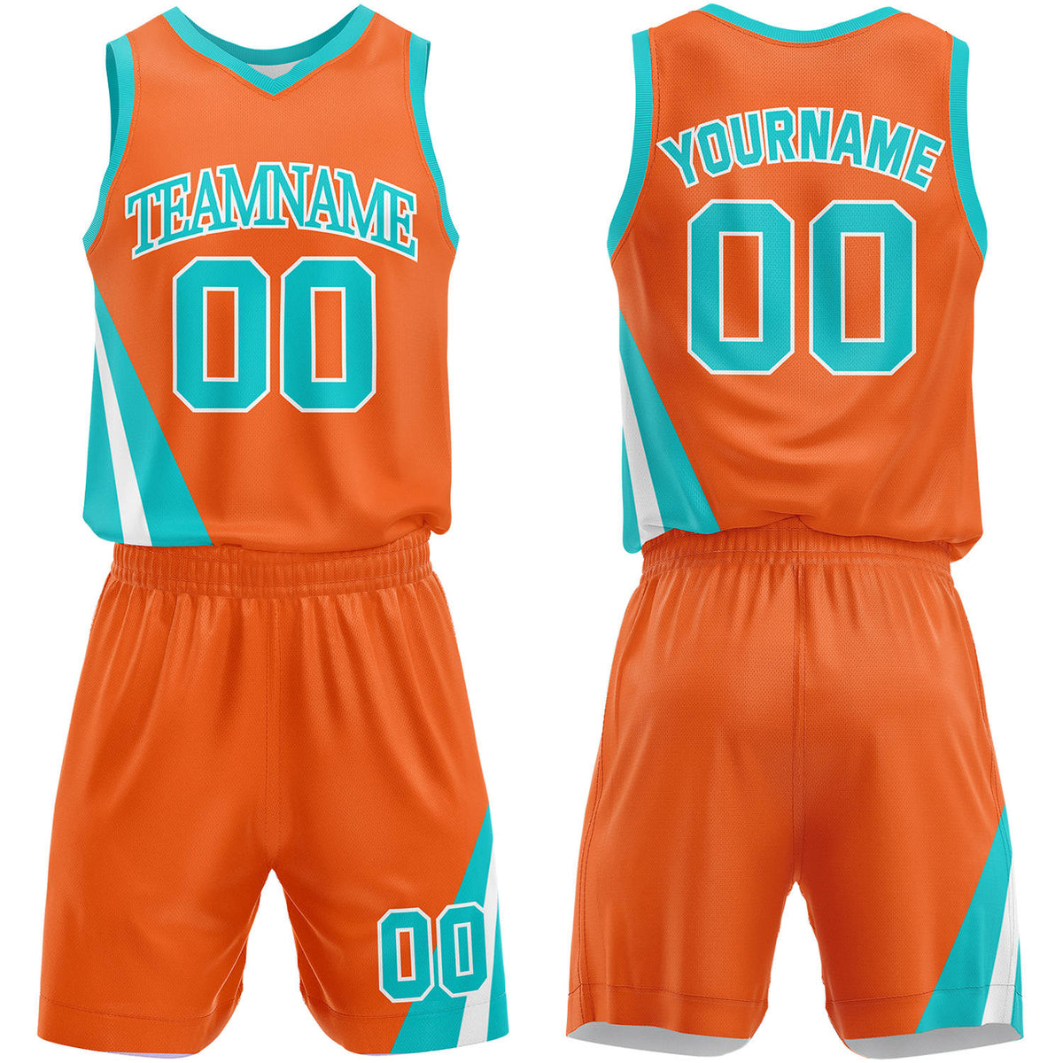 Wholesale basketball uniforms orange‑teal by Vosoli, personalized team name, number & logo, breathable mesh fabric for wholesale team orders and match‑ready basketball outfits