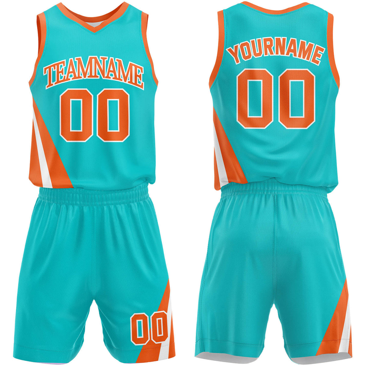Wholesale basketball uniforms teal‑orange by Vosoli, personalized team name, number & logo, breathable mesh fabric for wholesale team orders and match‑ready basketball outfits