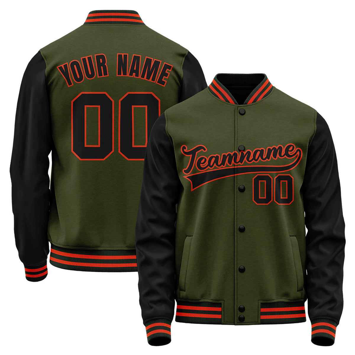 Wholesale custom baseball jackets, olive green and black varsity bomber jacket, personalized team name, player number and custom logo.