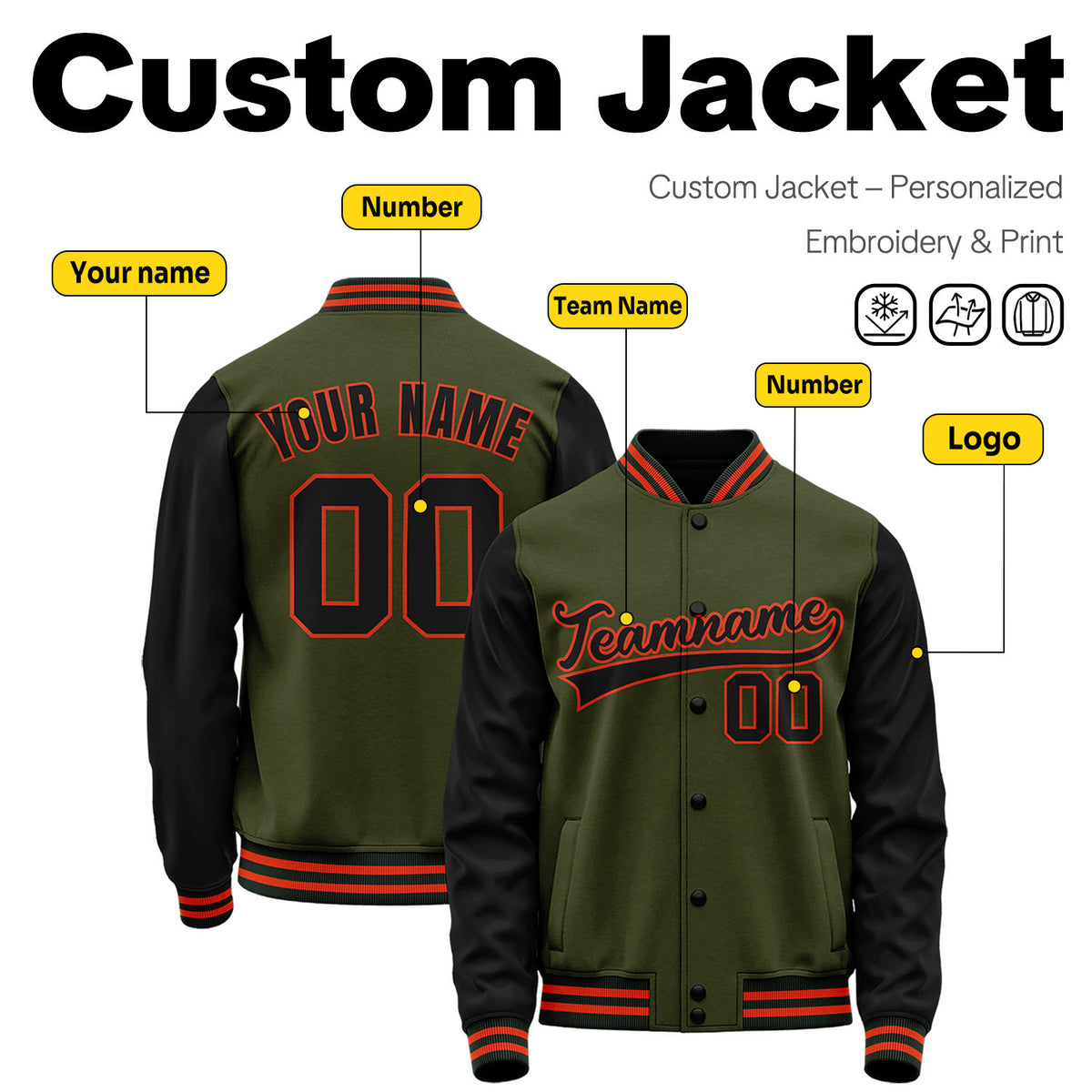 Custom Olive Green & Black Two-Tone Varsity Jacket | Personalized Baseball Bomber with Name, Number & Logo