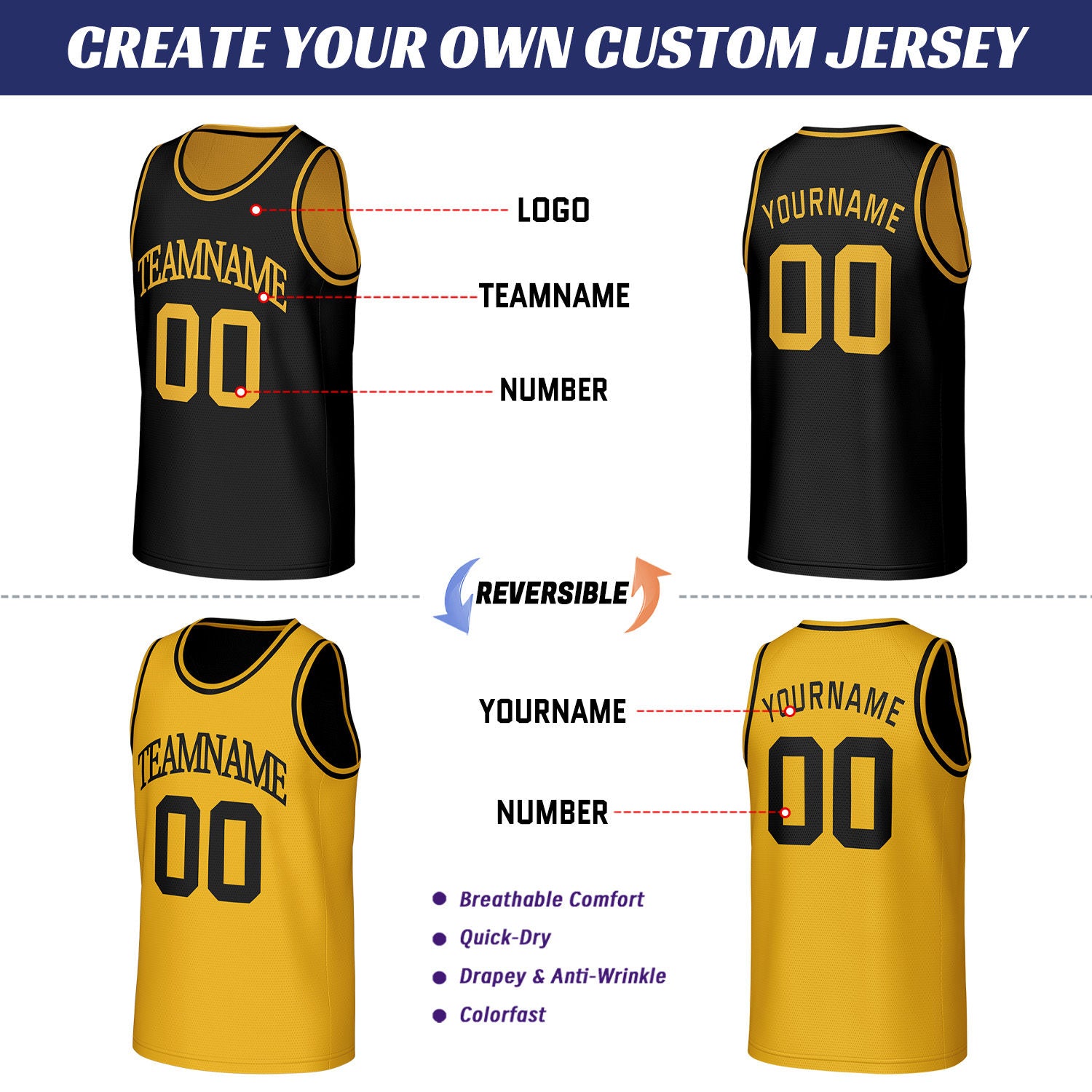 Custom Black & Gold Reversible Basketball Jersey | Personalized Sleeveless Mesh Jersey for Men Women Youth