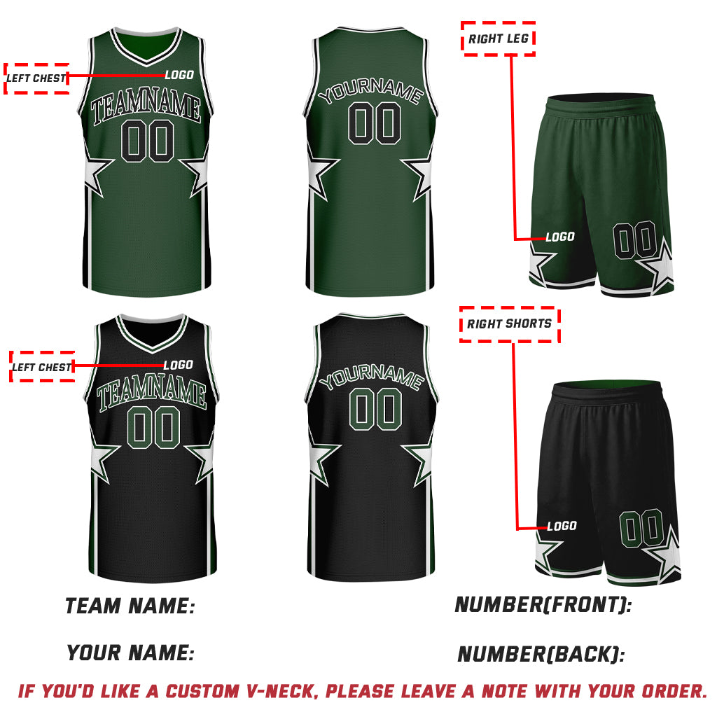 Custom Green & Black Star Graphic Reversible Basketball Uniform Set | Breathable Mesh Jersey & Shorts for Team Sports