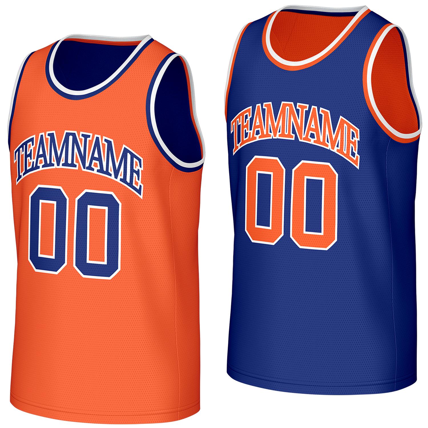 wholesale custom basketball jersey supplier orange navy reversible by Vosoli, personalized team name, number & logo, breathable mesh dual sided basketball jersey for team games