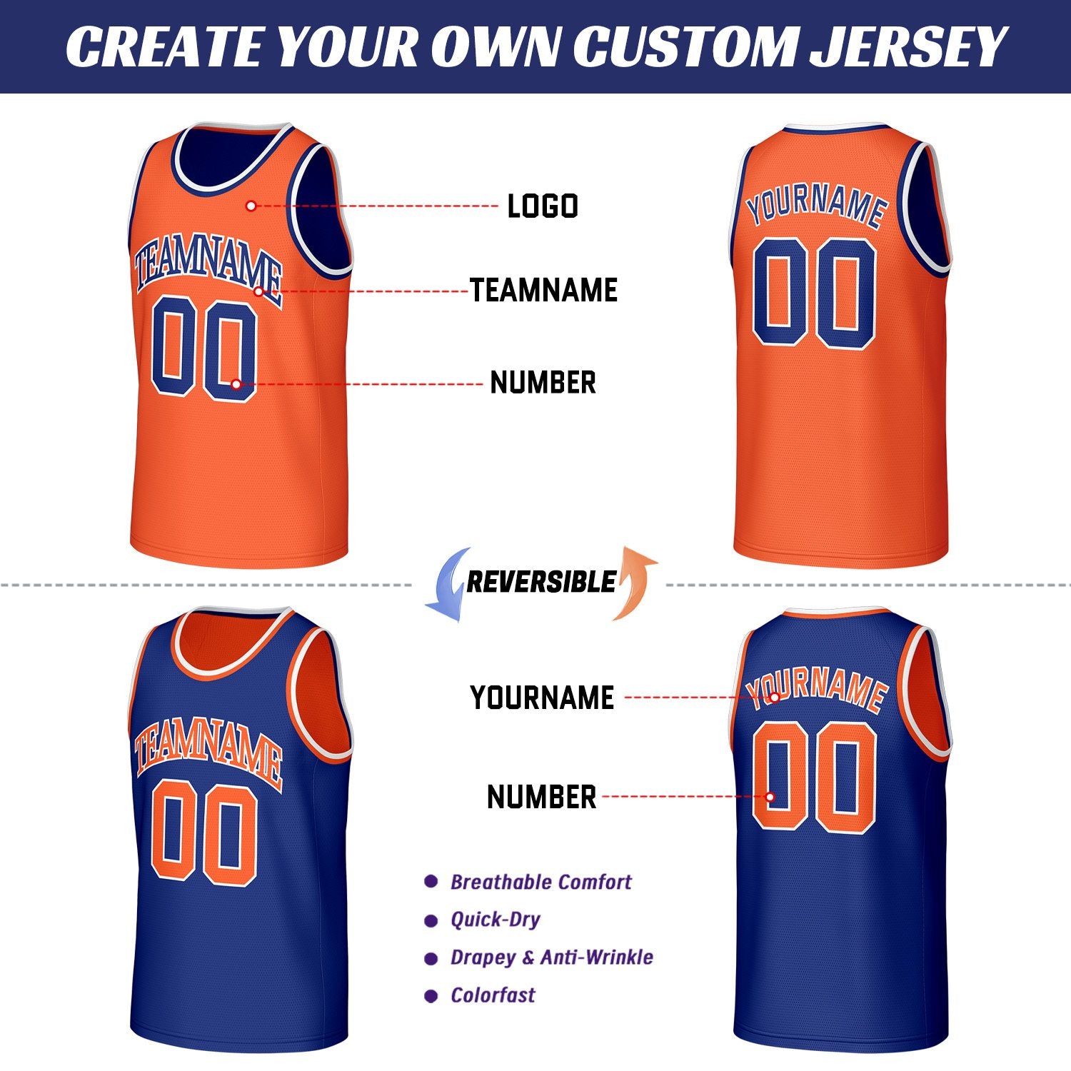 Custom Orange & Navy Reversible Basketball Jersey | Personalized Sleeveless Mesh Jersey for Men Women Youth