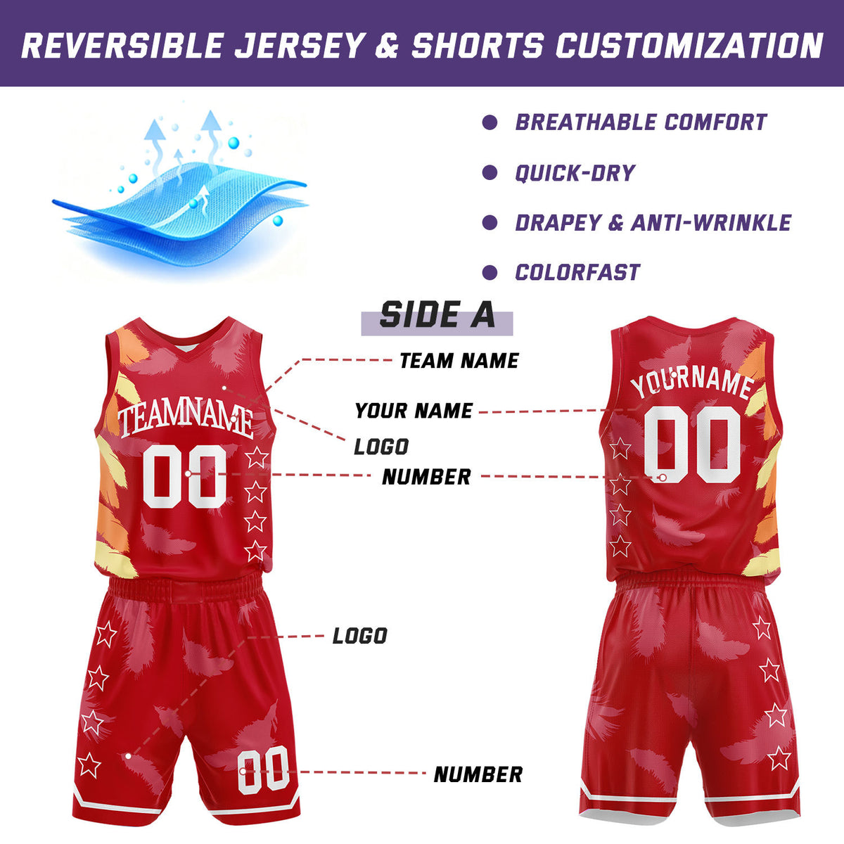 Custom Basketball Jerseys and Shorts Set | Red Feather V-Neck Sublimated Team Uniform