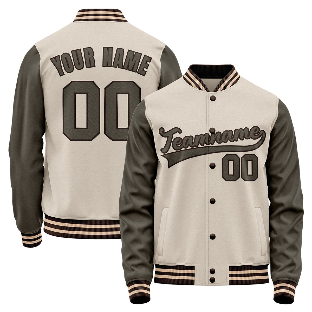 Winter baseball team jackets, cream and charcoal varsity bomber jacket, personalized team name, player number and custom logo.