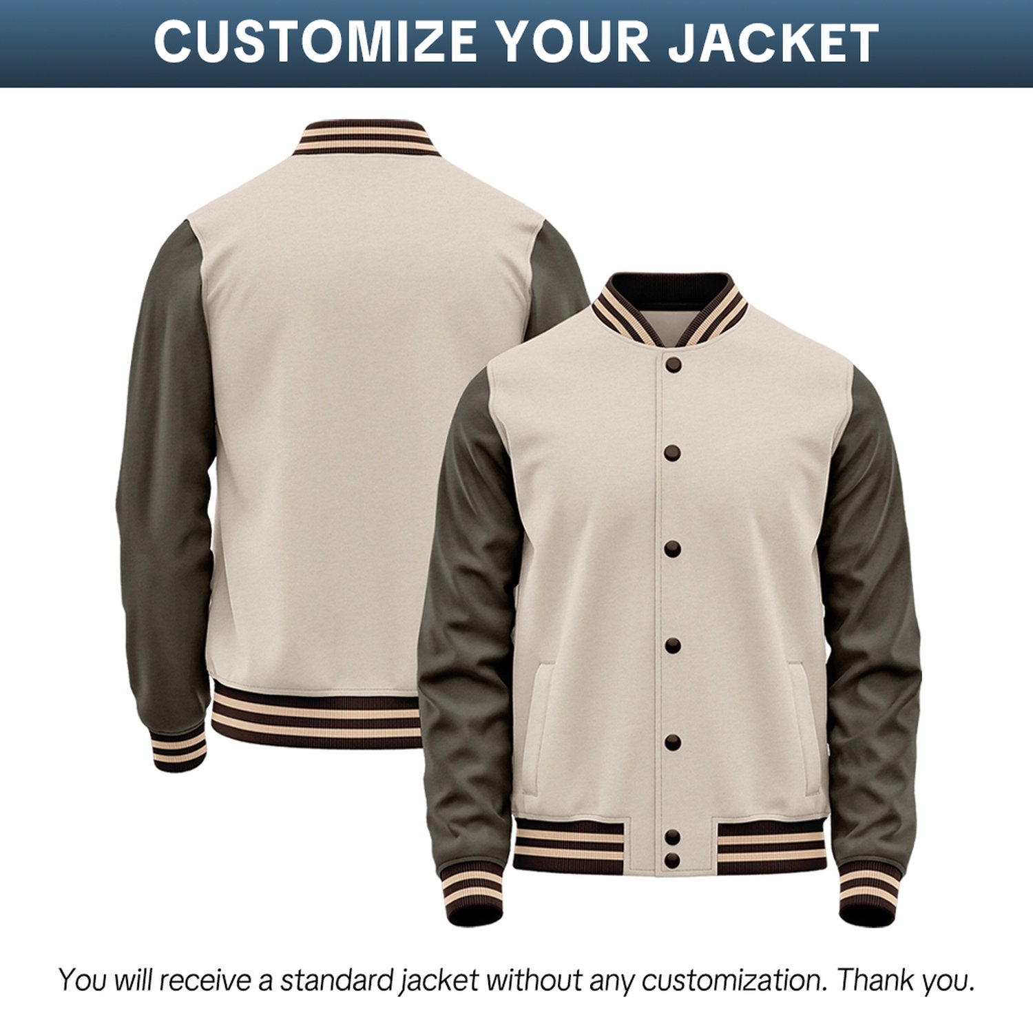 Custom Cream & Charcoal Two-Tone Varsity Jacket | Personalized Baseball Bomber with Name, Number & Logo