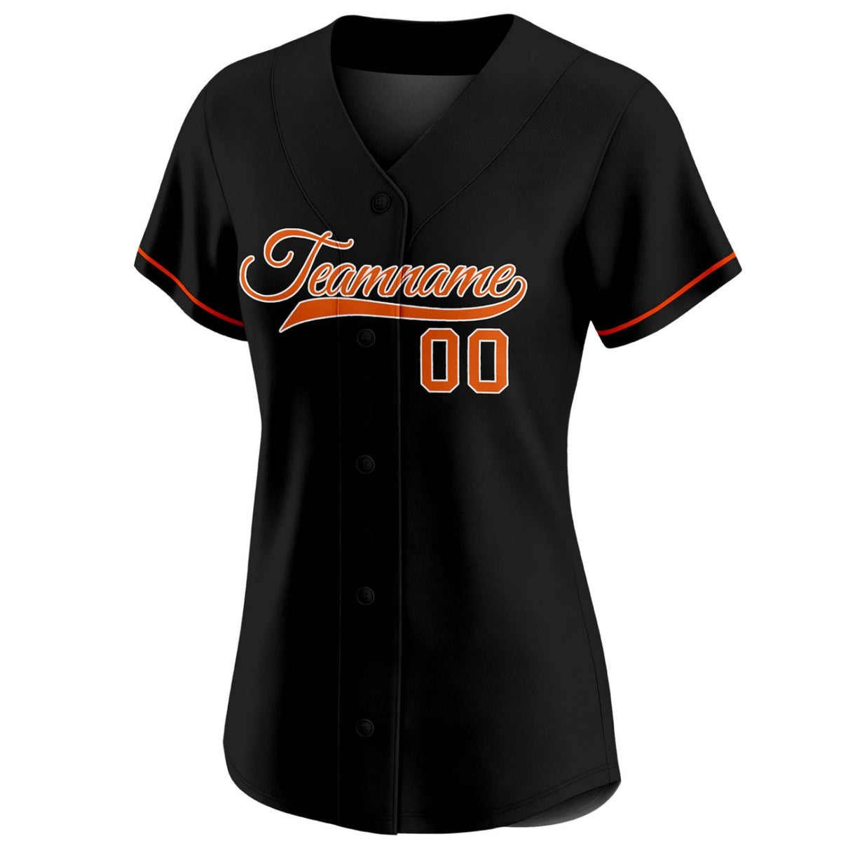 Custom women's black baseball jersey with vibrant orange team name and number 00