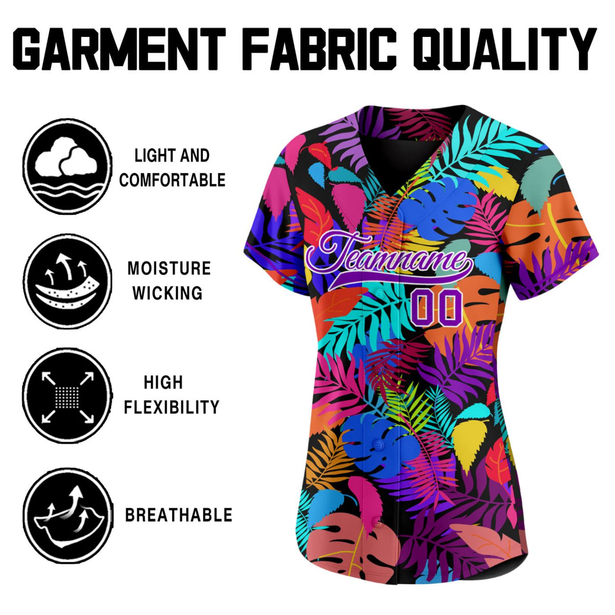 Women's Custom Multicolor Tropical Leaf Baseball Jersey - Personalized Black Team Uniform with Name & Number