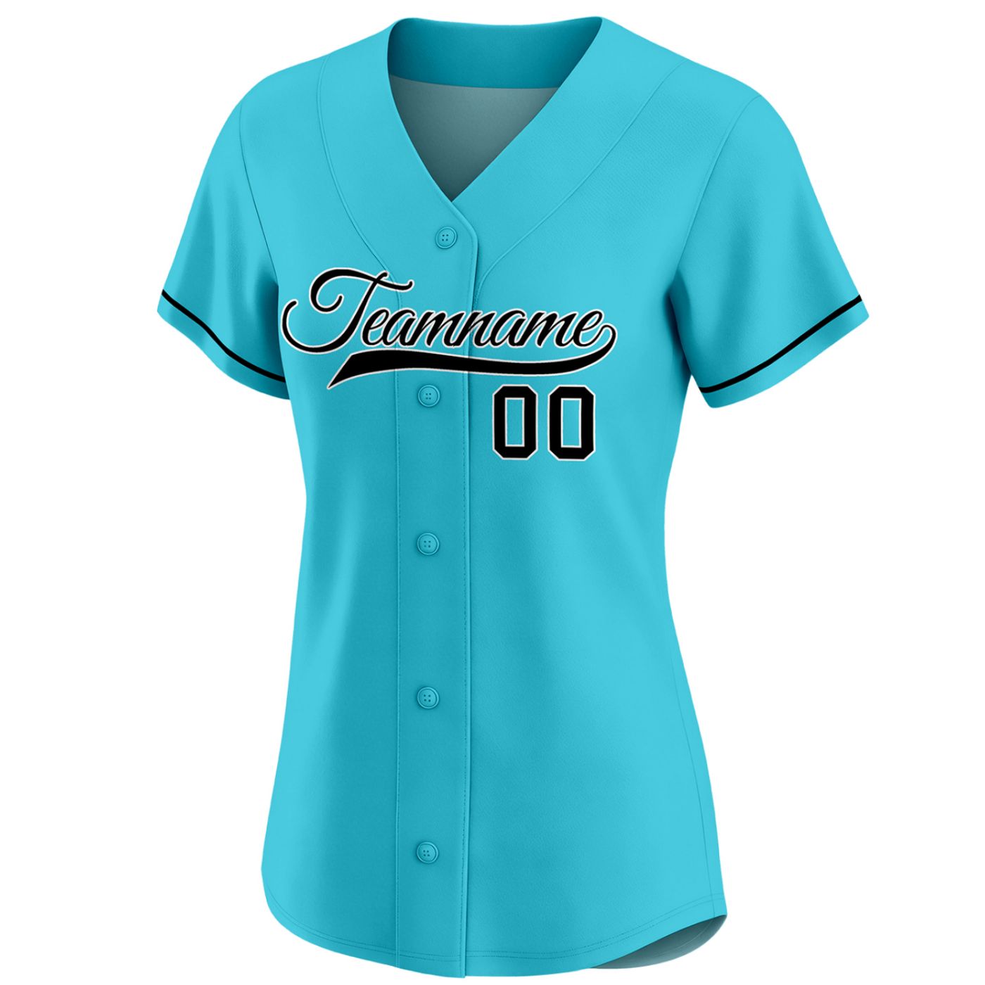 Custom women's cyan baseball jersey with black team name and number 00