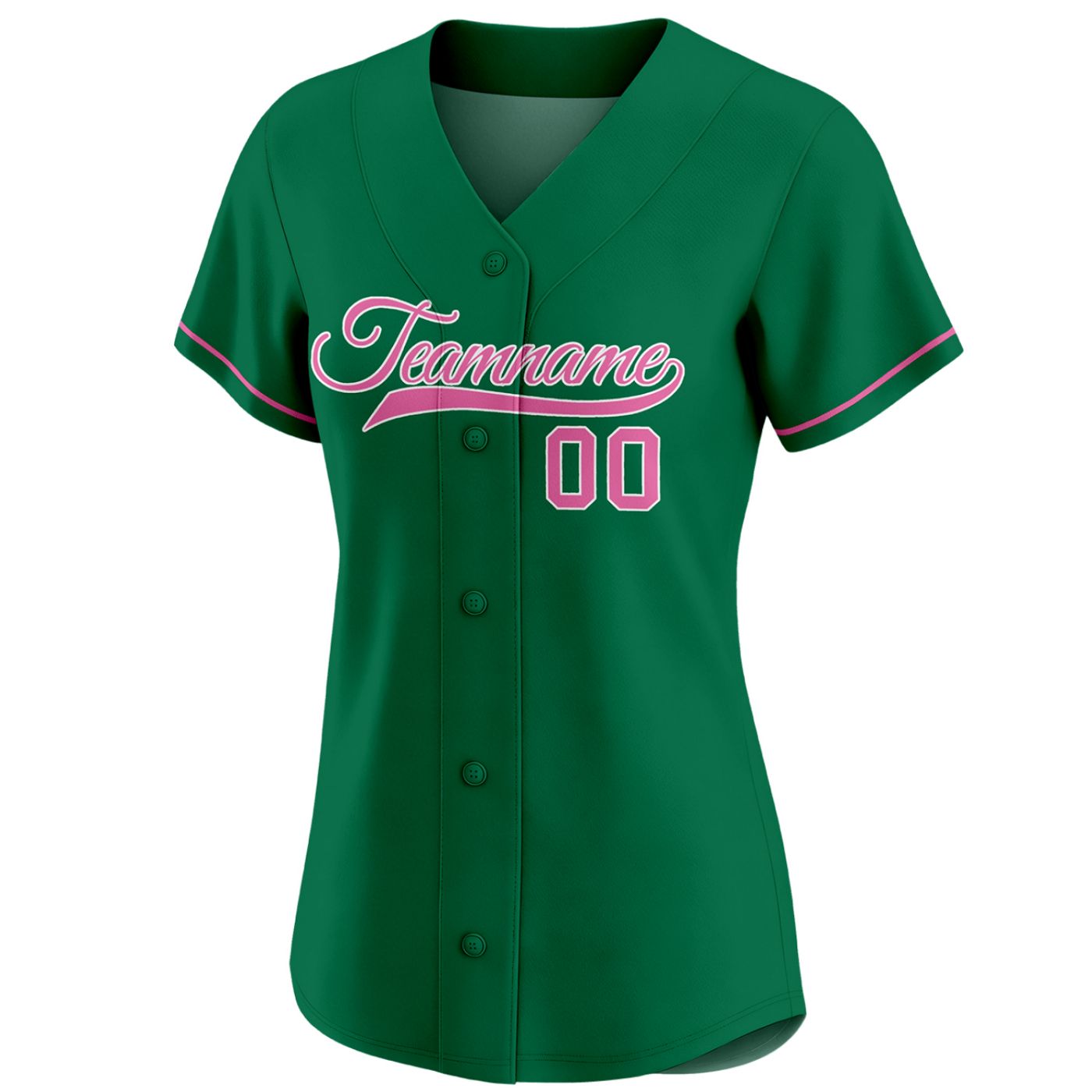 Custom women's forest green baseball jersey with vibrant pink team name and number 00