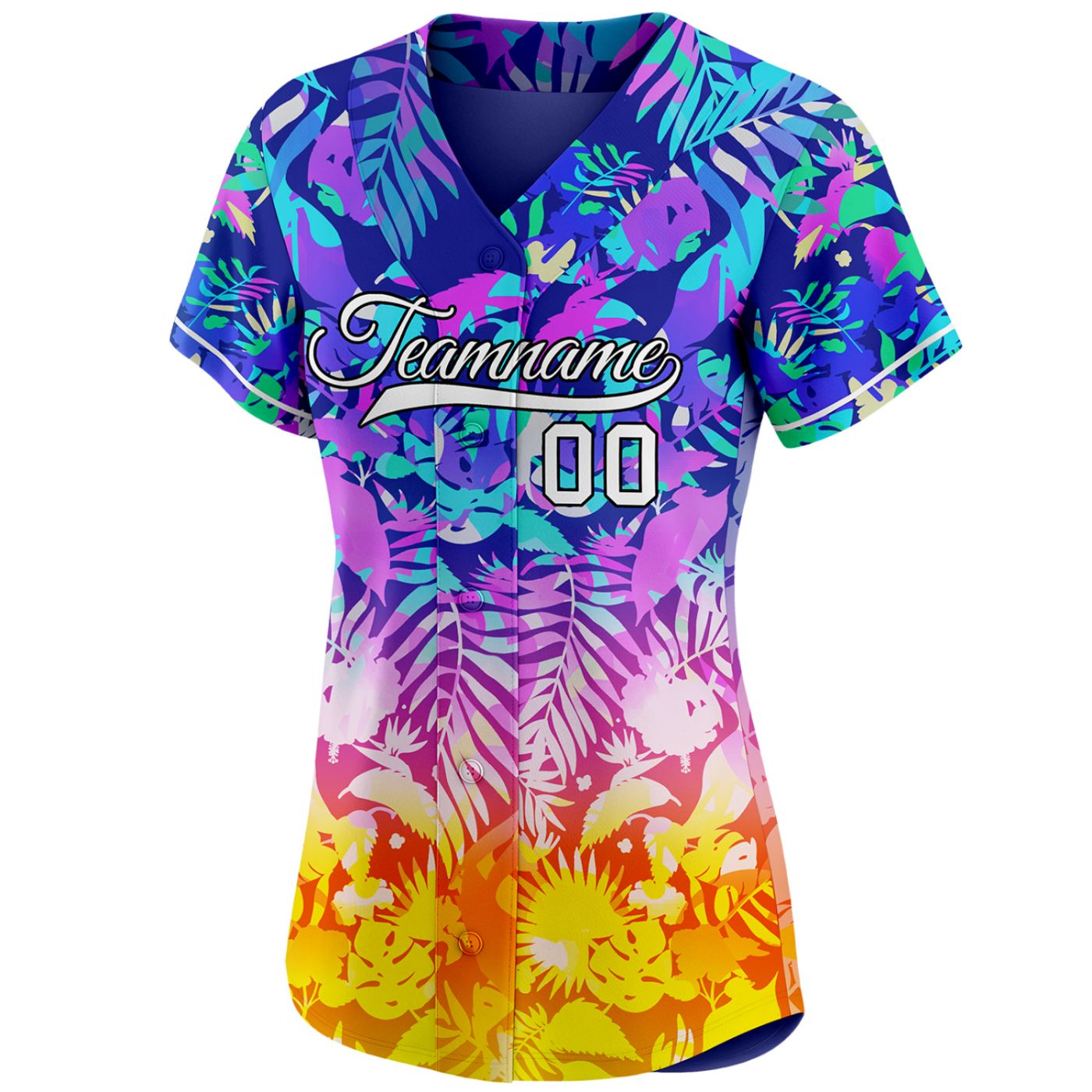 Women's custom baseball jersey with vibrant gradient tropical floral print, personalized team name and number, breathable fabric for sports and casual wear