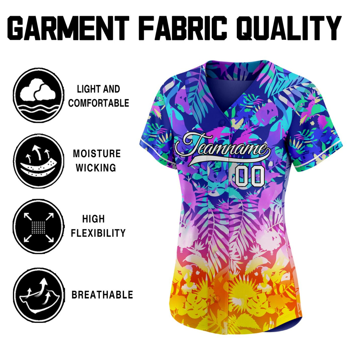 Women's Custom Gradient Tropical Floral Baseball Jersey - Personalized Team Uniform with Name & Number