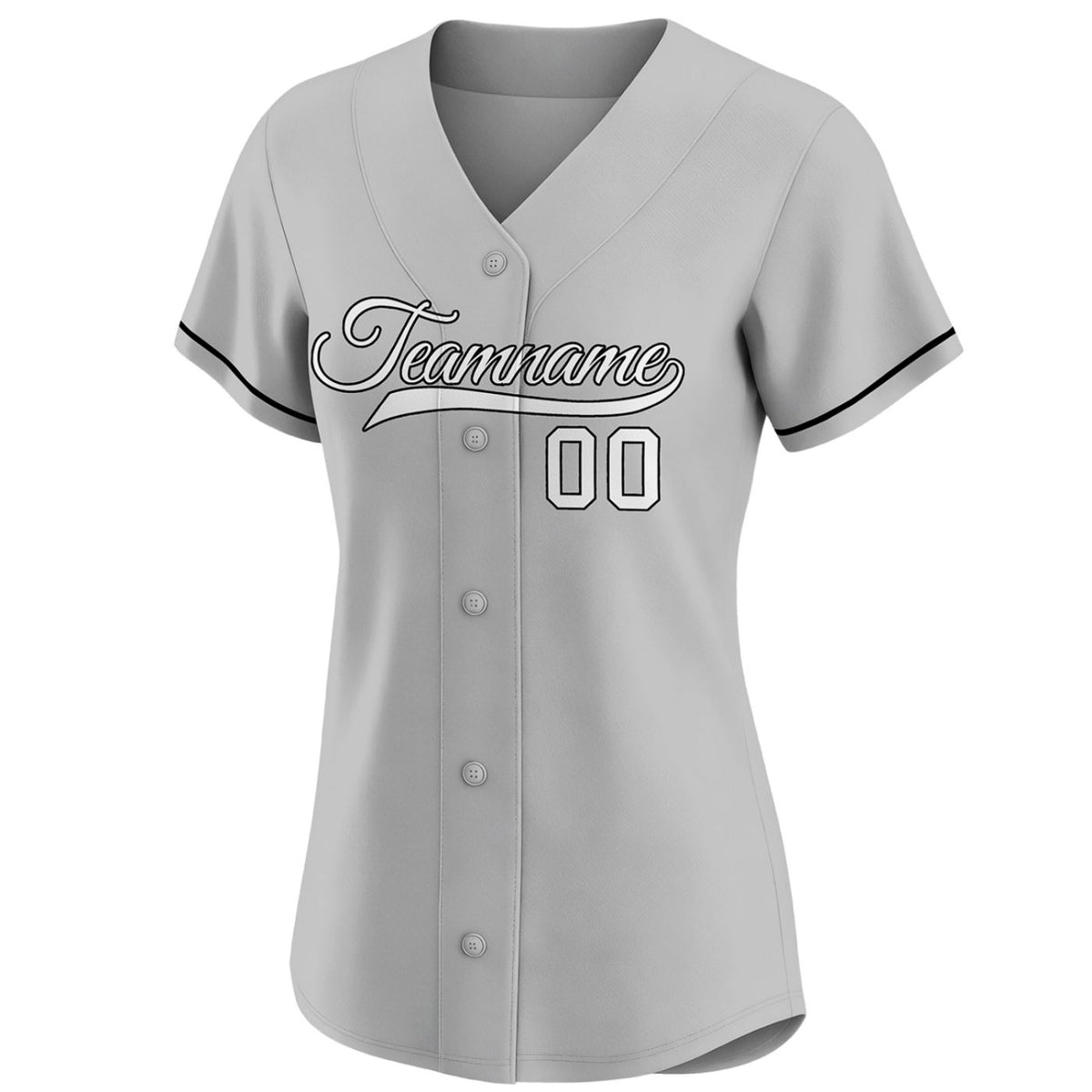 Custom women's gray baseball jersey with black piping and team name 00