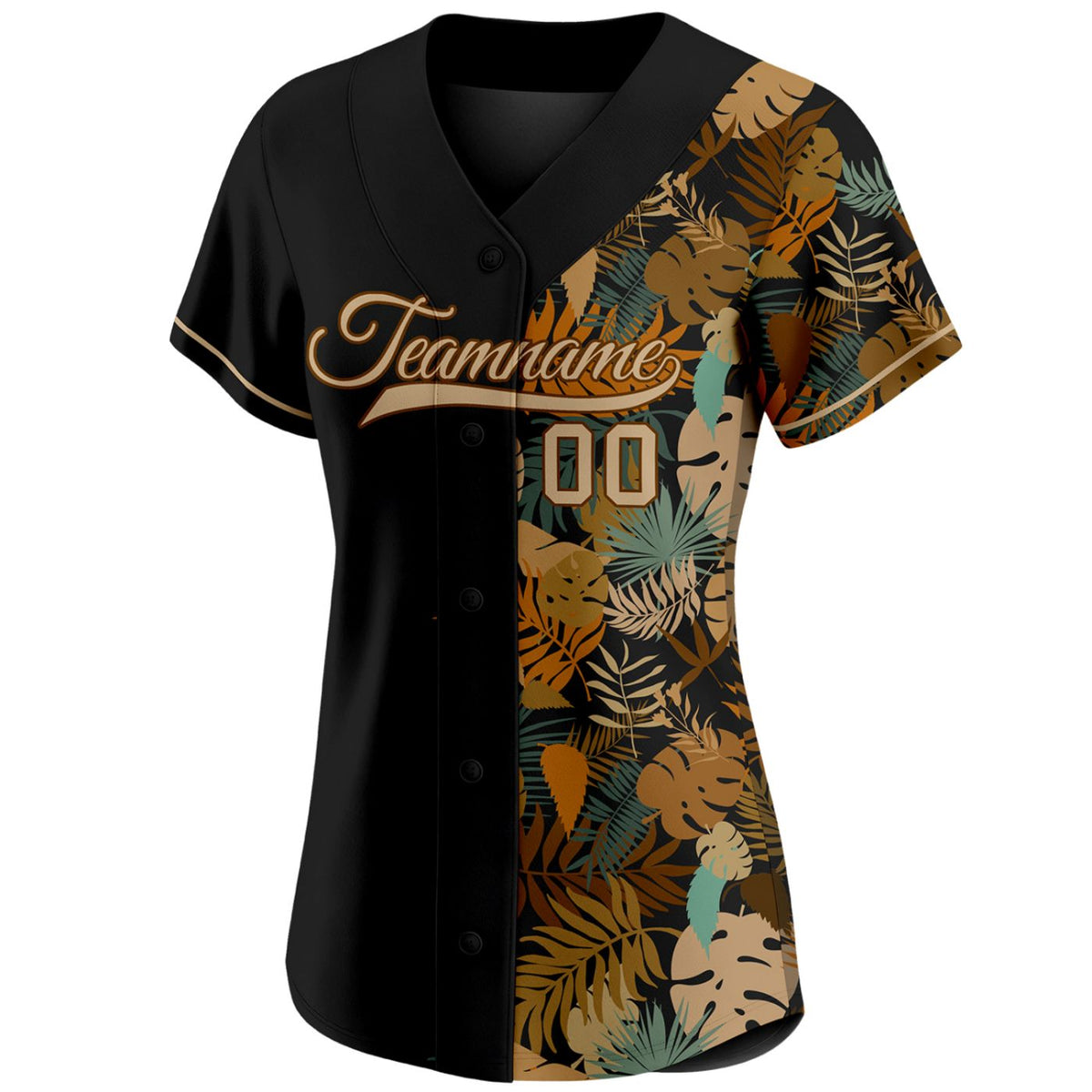 Women's custom split baseball jersey: half solid black, half tropical leaf print in brown and teal tones, personalized team name and number, breathable fabric for sports and casual wear