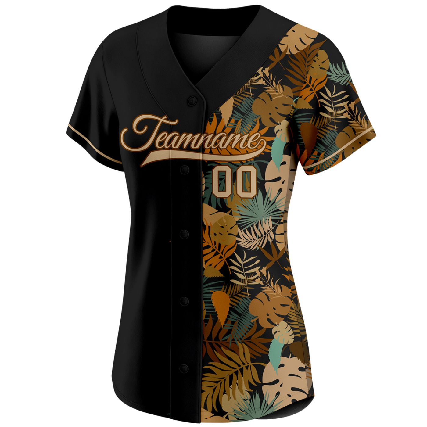 Women's custom split baseball jersey: half solid black, half tropical leaf print in brown and teal tones, personalized team name and number, breathable fabric for sports and casual wear