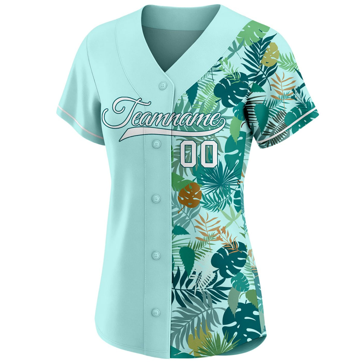 Women's custom split baseball jersey: half solid mint green, half tropical leaf print, personalized team name and number, breathable fabric for sports and casual wear