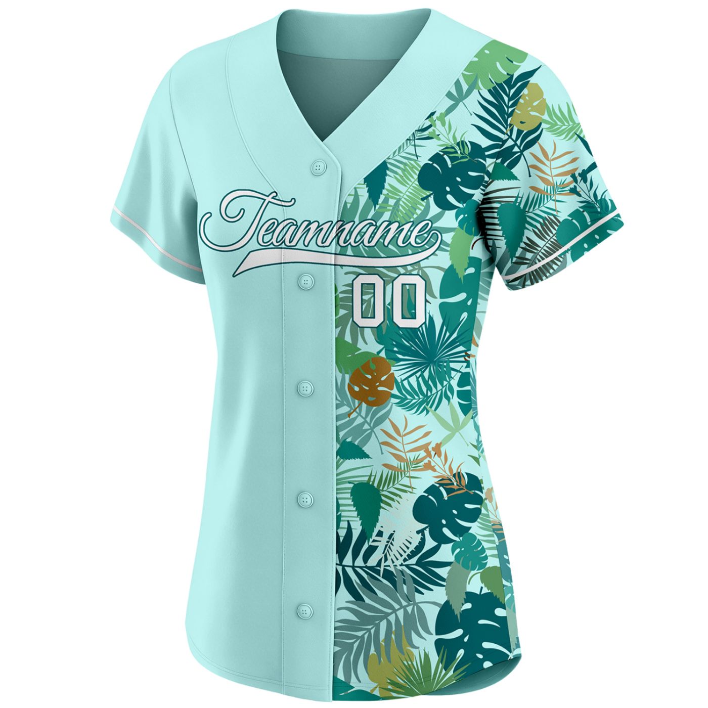 Women's custom split baseball jersey: half solid mint green, half tropical leaf print, personalized team name and number, breathable fabric for sports and casual wear