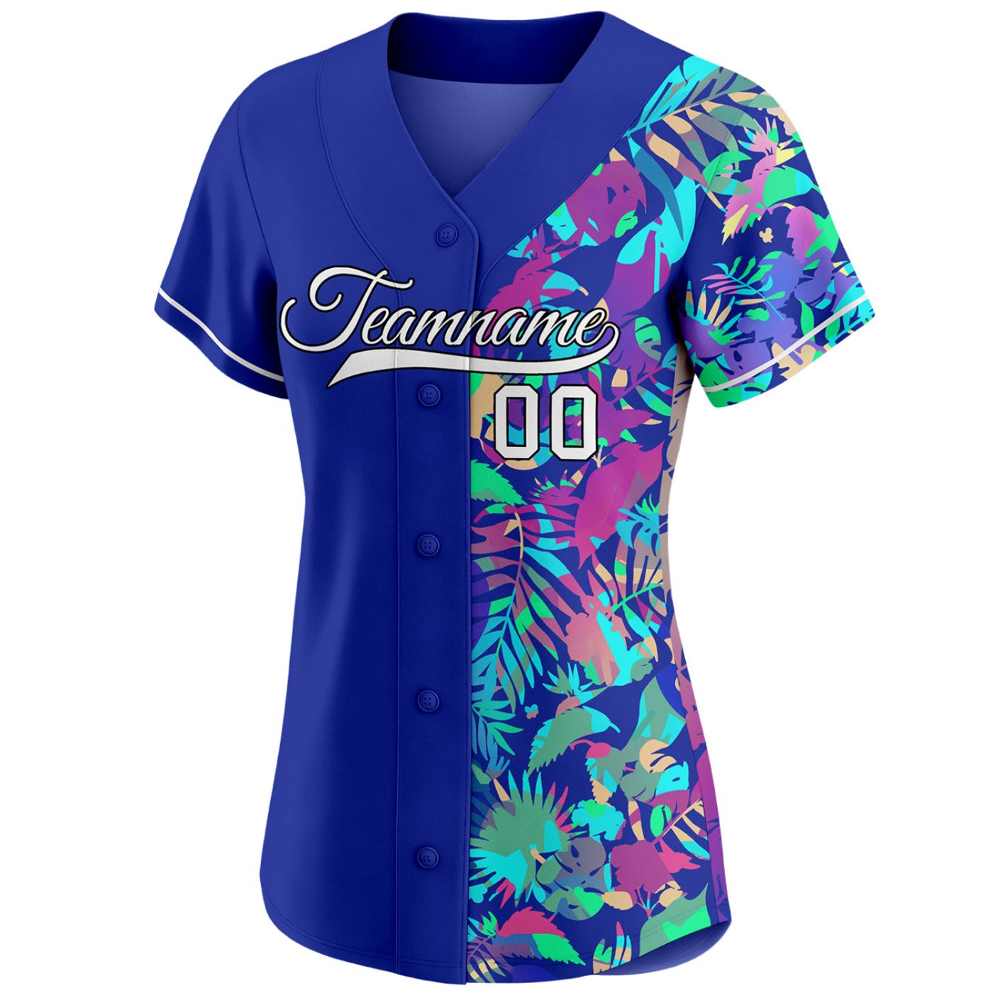 Women's custom split baseball jersey: half solid royal blue, half vibrant multicolor tropical leaf print, personalized team name and number, breathable fabric for sports and casual wear