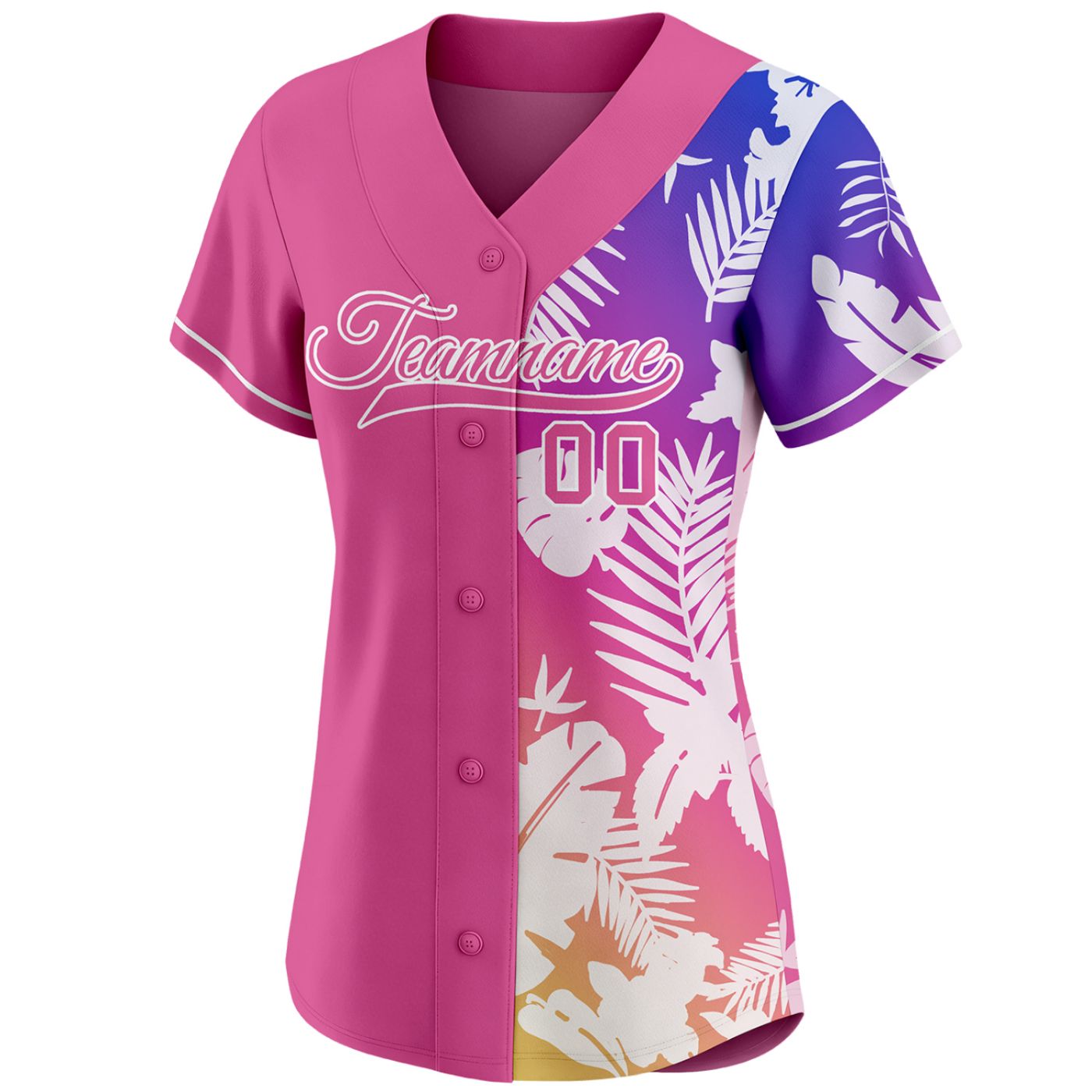 Women's custom baseball jersey with half pink solid, half sunset gradient tropical leaf print, personalized team name and number, breathable fabric for sports and casual wear