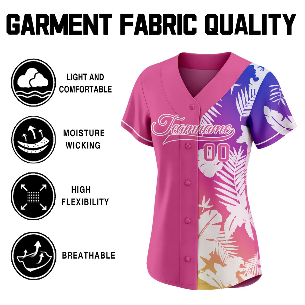 Women's Custom Half Pink Half Gradient Tropical Baseball Jersey - Personalized Team Uniform with Name & Number