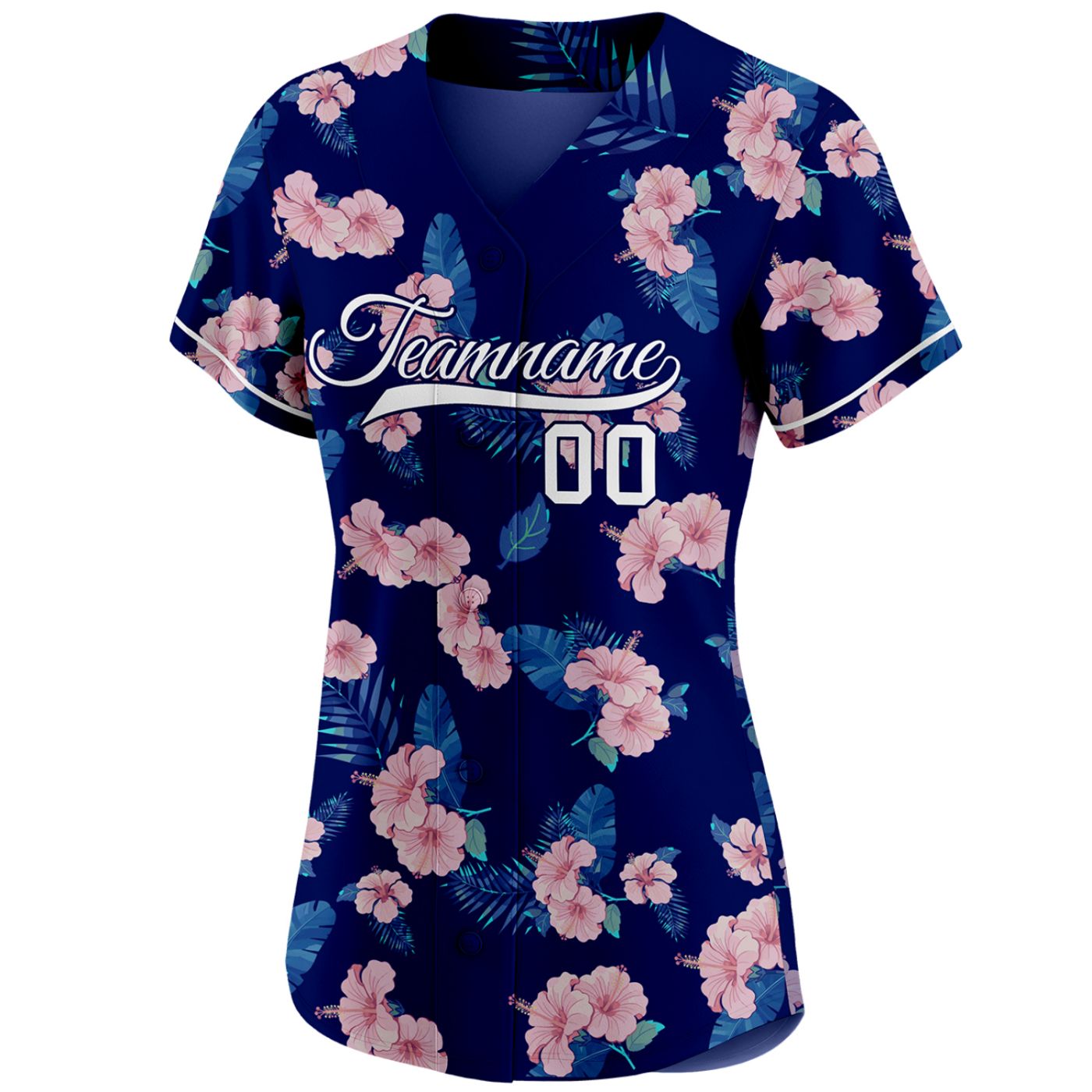 Women's custom baseball jersey with tropical pink hibiscus flower print on navy blue, personalized team name and number, breathable fabric for sports and casual wear