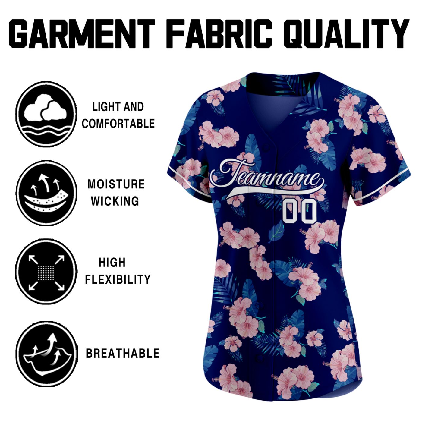 Women's custom baseball jersey with tropical pink hibiscus flower print on navy blue, personalized team name and number, breathable fabric for sports and casual wear