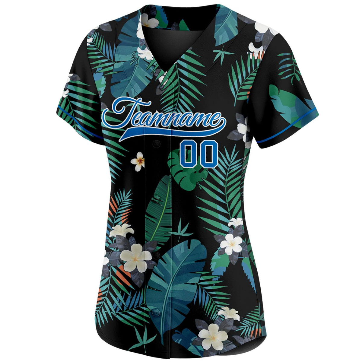 Women's custom baseball jersey with tropical plumeria and palm leaf print, black base with green and blue accents, personalized team name and number, breathable fabric for sports and casual wear