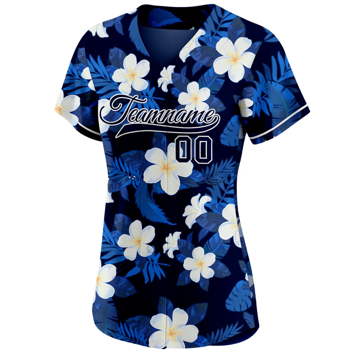 Women's Custom Hawaiian Plumeria Floral Baseball Jersey - Personalized Navy Blue Team Uniform with Name &amp; Number