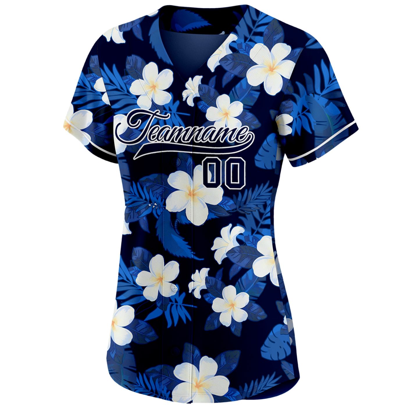 Women's Custom Hawaiian Plumeria Floral Baseball Jersey - Personalized Navy Blue Team Uniform with Name & Number