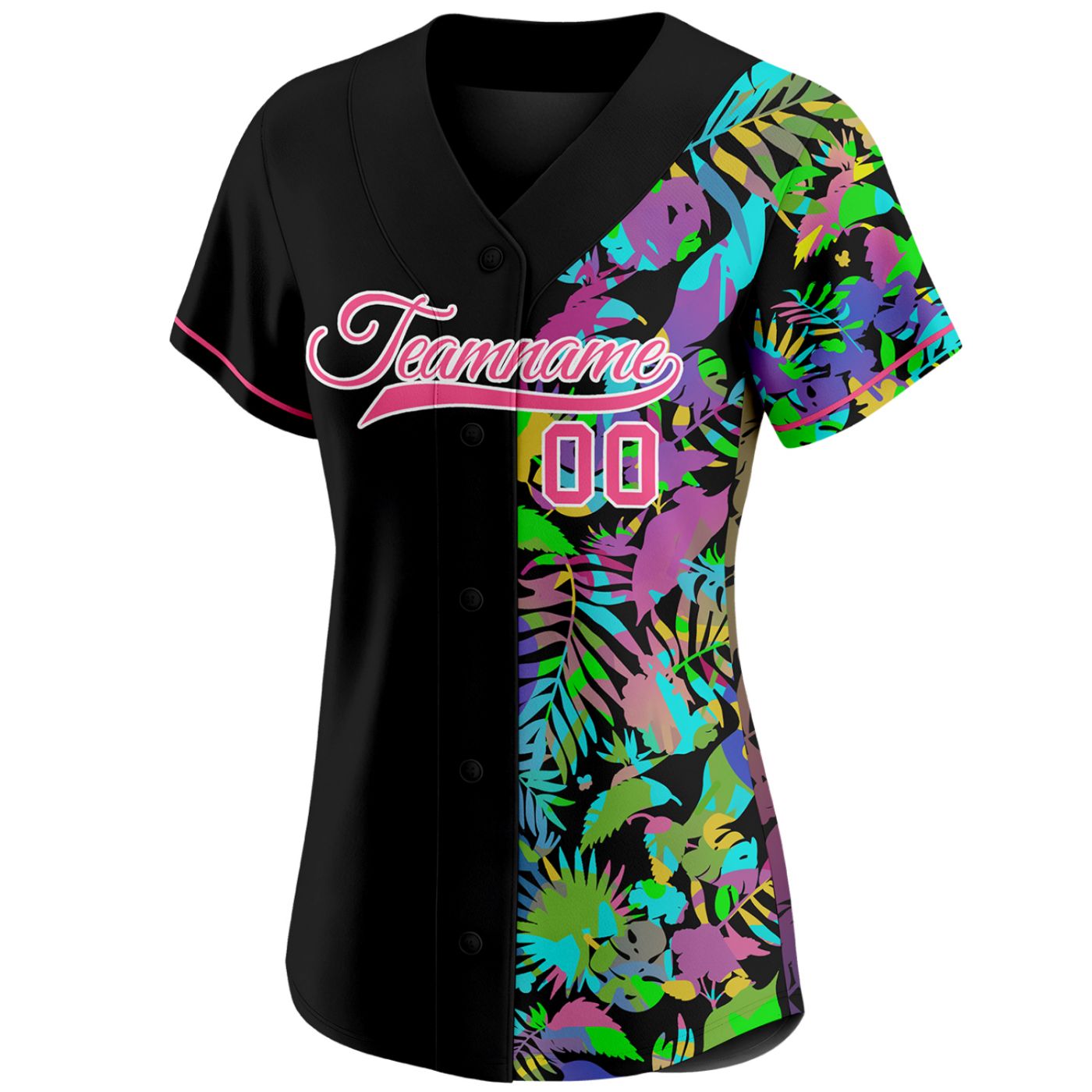 Women's custom baseball jersey with tropical hibiscus floral print, black and pink accents, personalized team name and number, perfect for sports, casual wear, and team events
