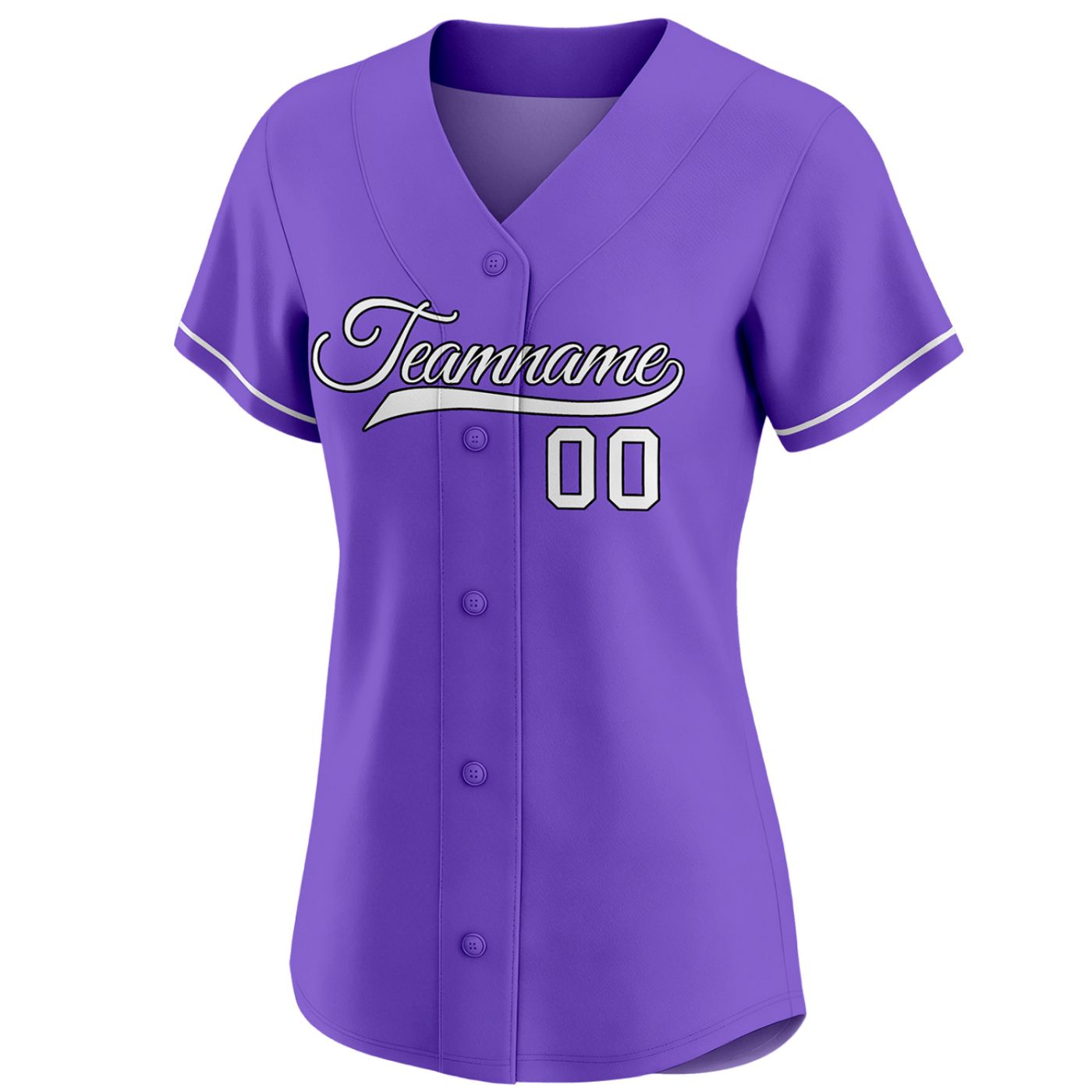 Custom women's light purple baseball jersey with white team name and number 00