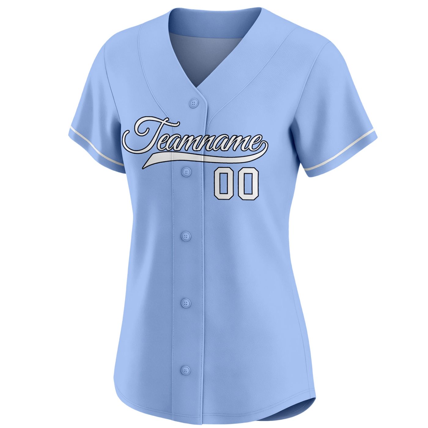 Custom women's light blue baseball jersey with white team name and number 00