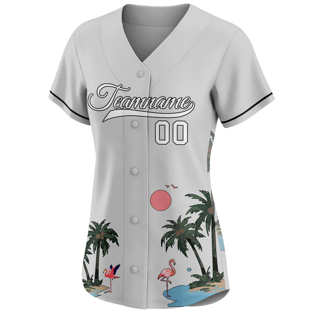 Women's custom baseball jersey with tropical flamingo and palm tree print on light gray, personalized team name and number, breathable fabric for sports and casual wear