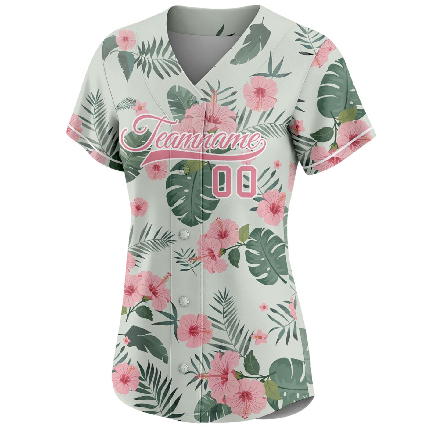 Women's custom baseball jersey with tropical pink hibiscus flower print on light sage green, personalized team name and number, breathable fabric for sports and casual wear