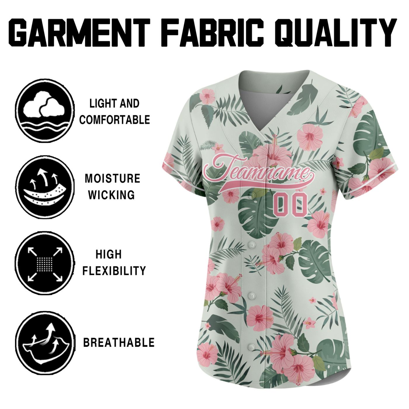 Women's custom baseball jersey with tropical pink hibiscus flower print on light sage green, personalized team name and number, breathable fabric for sports and casual wear