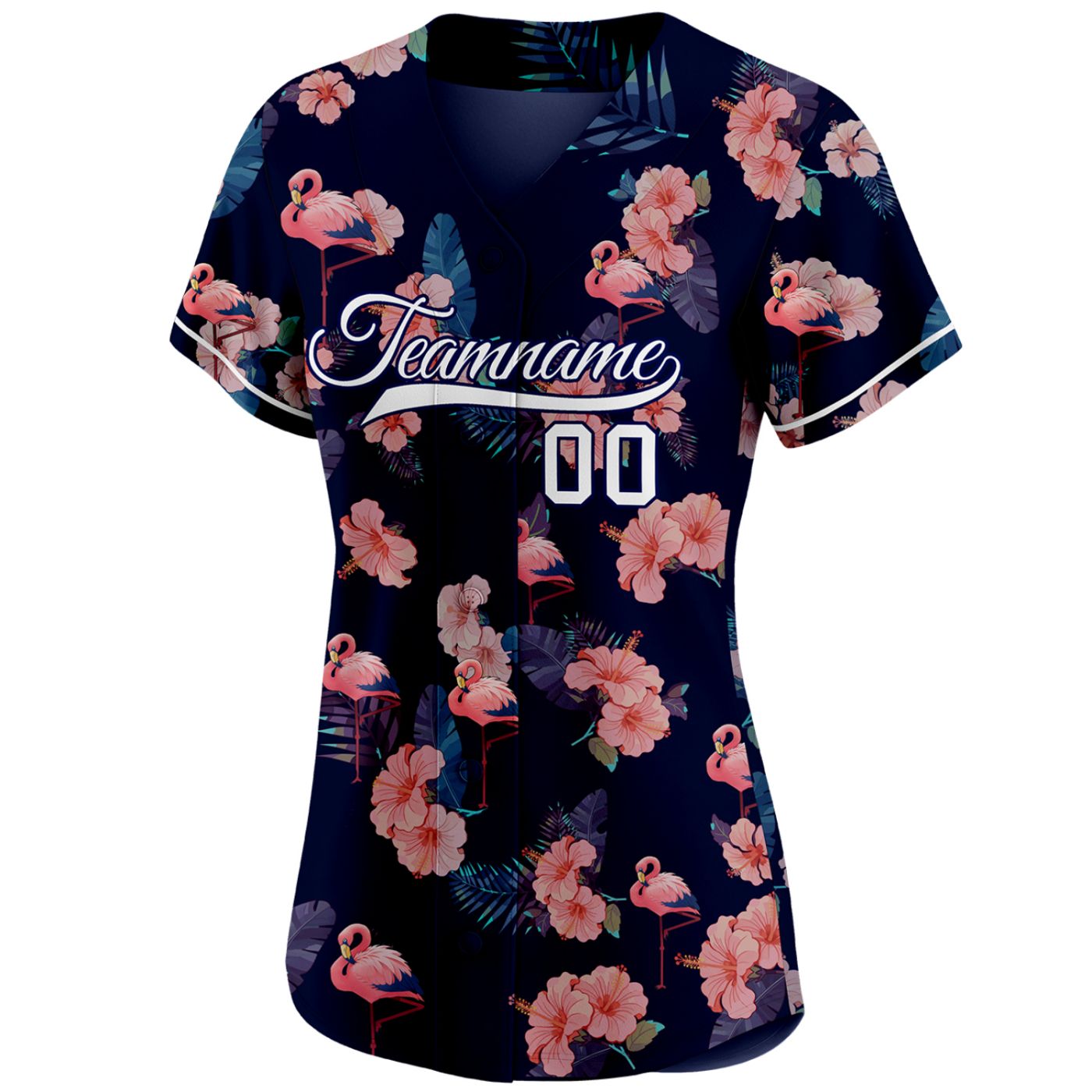 Women's custom baseball jersey with tropical flamingo and hibiscus print on navy blue, personalized team name and number, breathable fabric for sports and casual wear