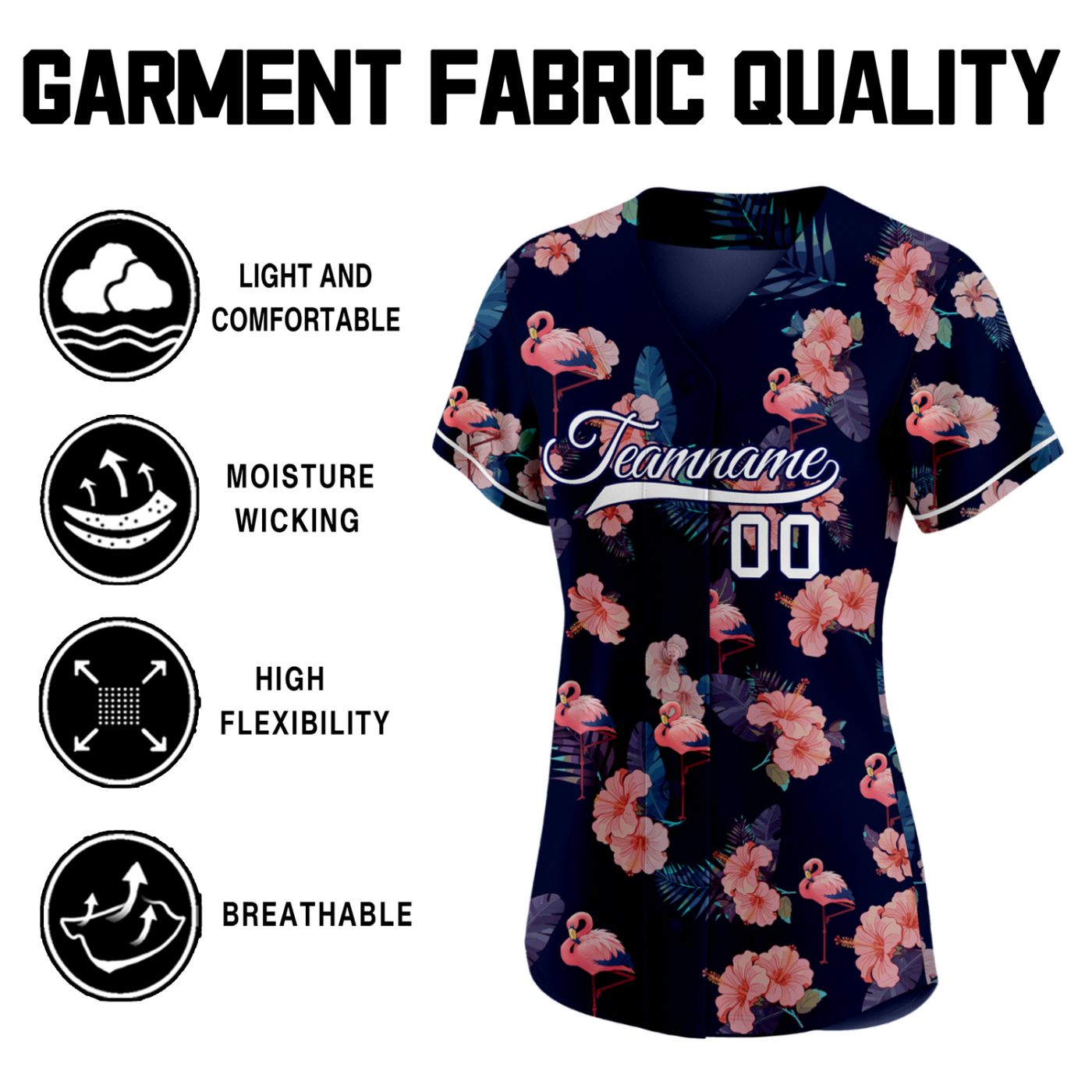 Women's custom baseball jersey with tropical flamingo and hibiscus print on navy blue, personalized team name and number, breathable fabric for sports and casual wear