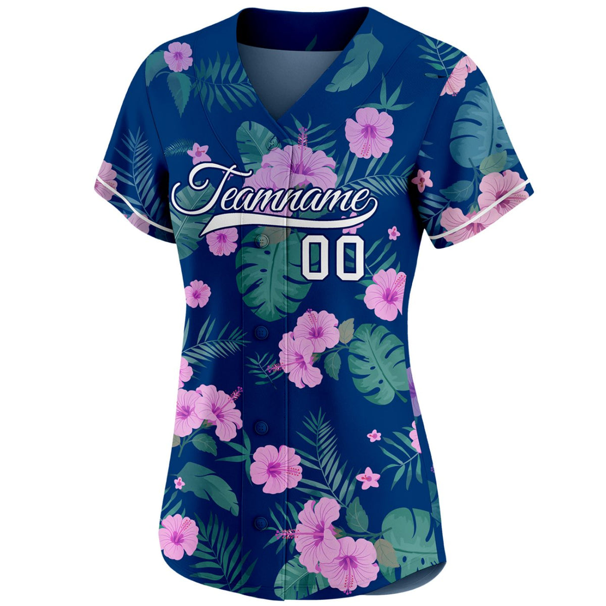 Women's custom baseball jersey with tropical pink hibiscus flower print on navy blue, personalized team name and number, breathable fabric for sports and casual wear