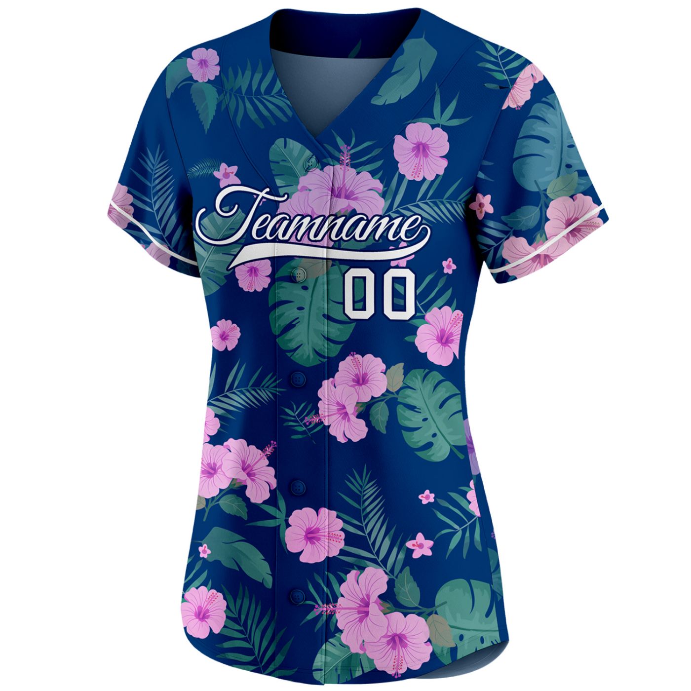 Women's custom baseball jersey with tropical pink hibiscus flower print on navy blue, personalized team name and number, breathable fabric for sports and casual wear