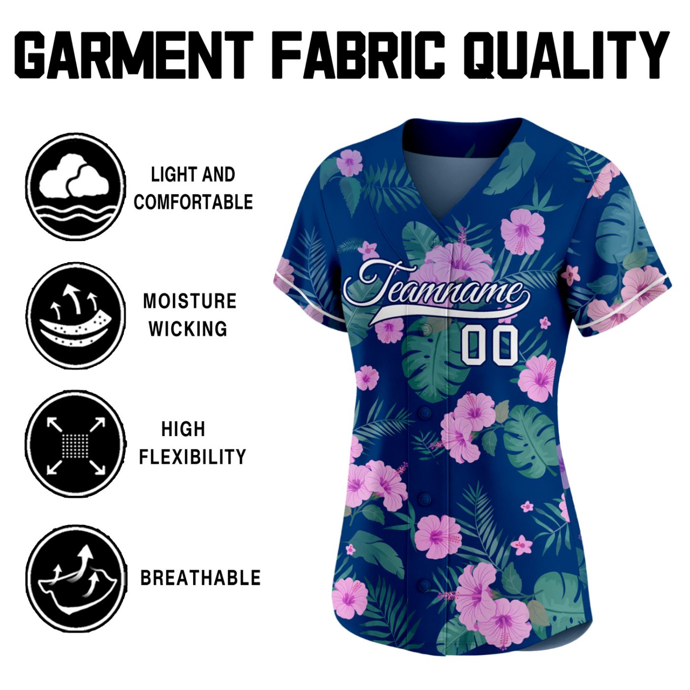 Women's custom baseball jersey with tropical pink hibiscus flower print on navy blue, personalized team name and number, breathable fabric for sports and casual wear