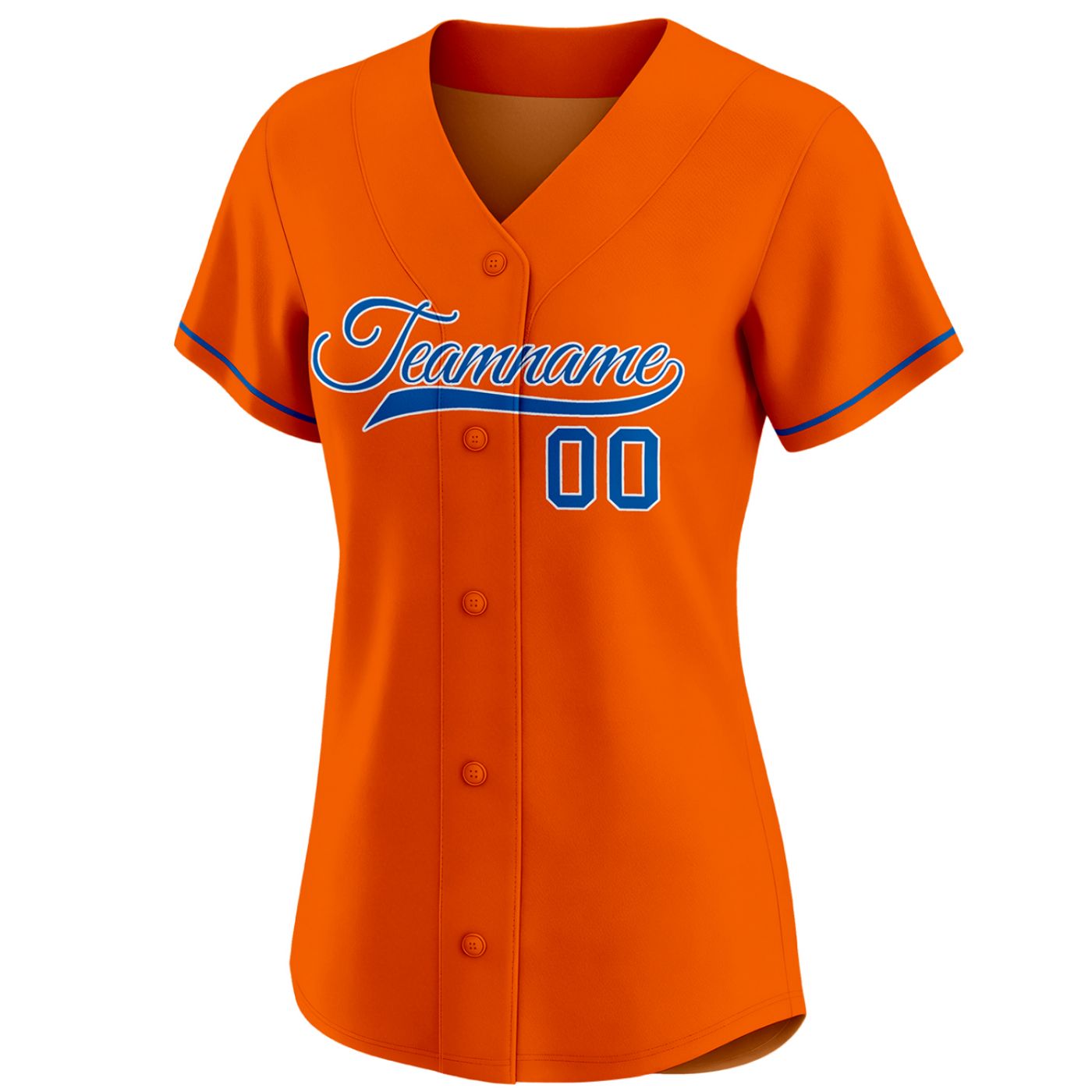 Custom women's orange baseball jersey with blue team name and number 00