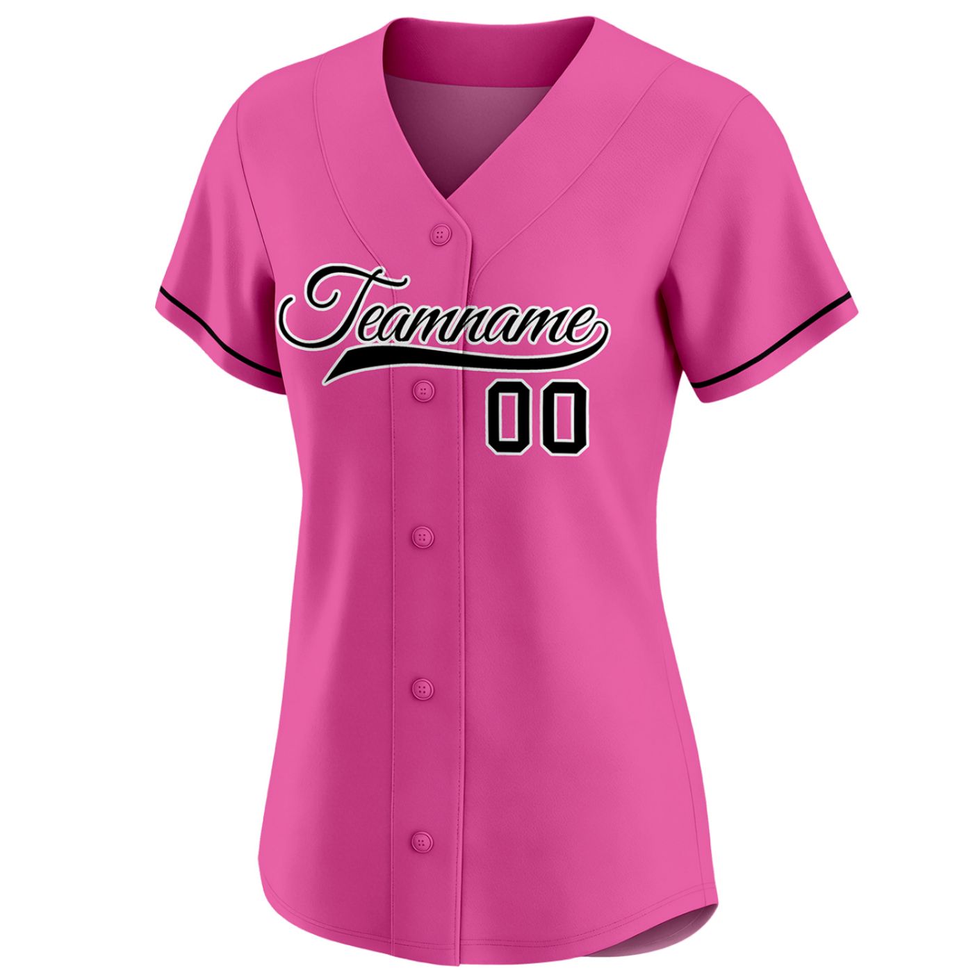 Custom women's pink baseball jersey with black team name and number 00