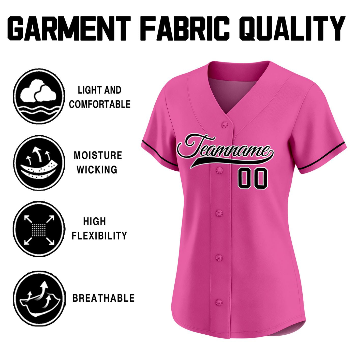 Custom women's pink baseball jersey with black team name and number 00