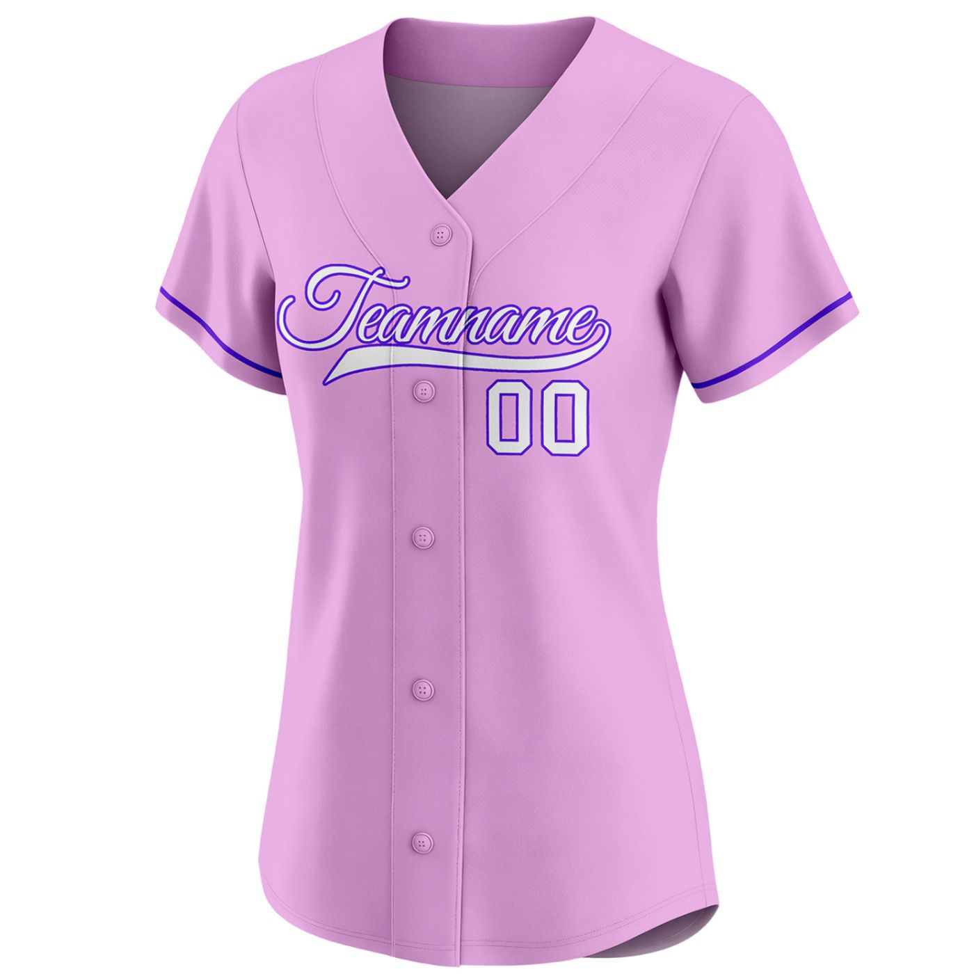 Custom women's baseball jersey in light pink with purple piping, featuring white team name and number 00.
