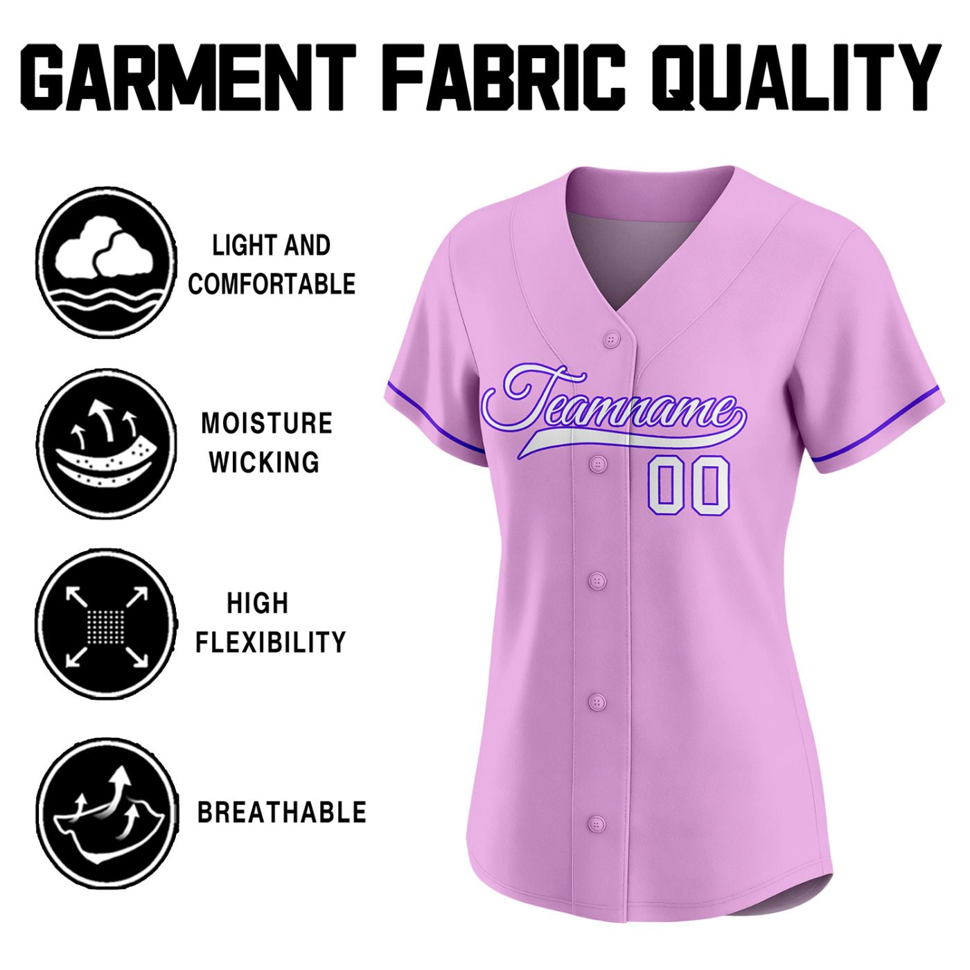 Custom women's baseball jersey in light pink with purple piping, featuring white team name and number 00.