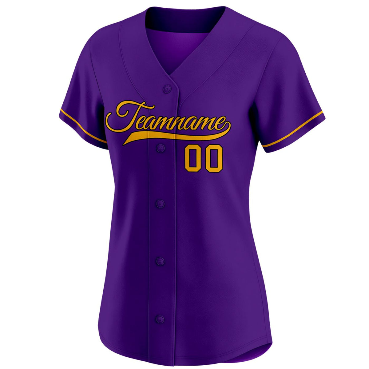 Custom women's purple baseball jersey with gold team name and number 00